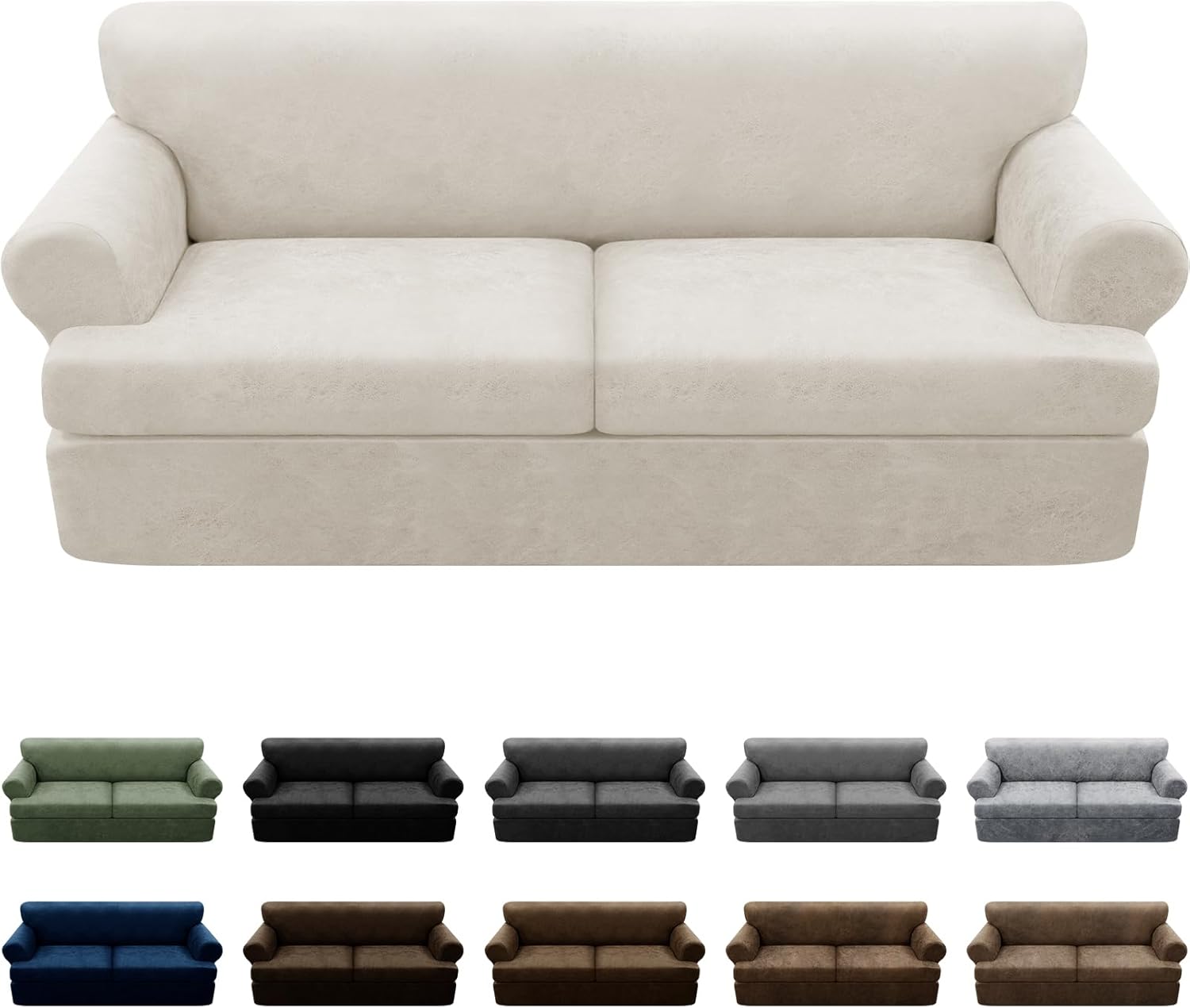 3-Pieces T Cushion Sofa Slipcovers Leather Look Couch Cover for 2 Cushion Couch Furniture Protector Stretch Sofa Cover with 2 Individual T Cushion Seat Covers Washable, Beige 2 T-Cushion Sofa Beige