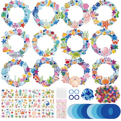 KOPOOEOE 48 Sets Ocean Wreath Craft Kits Summer Under The Sea DIY Wreath Hanging Ornaments Make Your Own Paper Craft with Stickers for Home Party Decor Activities