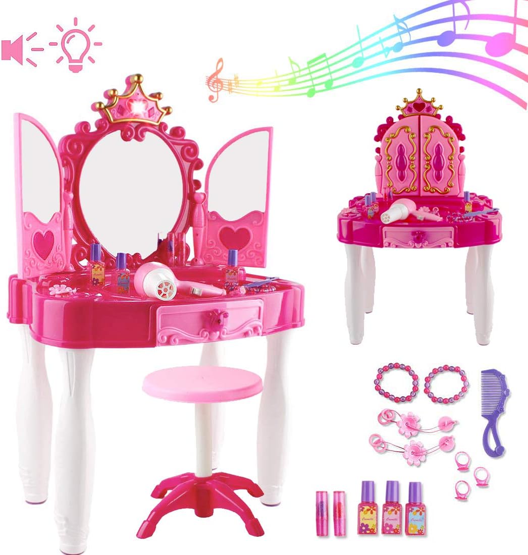 deAO Beauty Play Set with Dressing Table and Mirror Glamour; Makeup Accessories; Stool; Light and Music Function - Great Gift