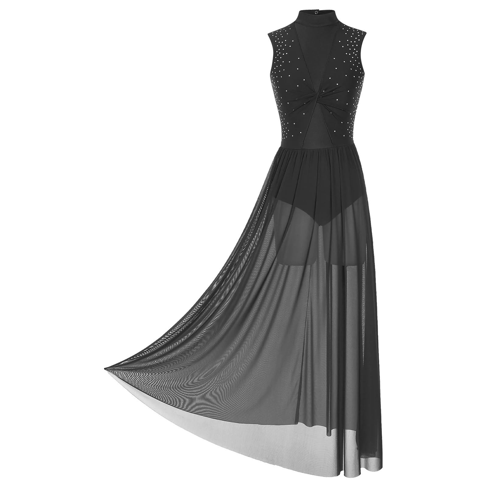 Vestido superpuesto de diamantes de imitación brillantes para mujer, para patinaje artístico, malla transparente trenzada, vestido de ballet lírico, disfraz de actuación escénica