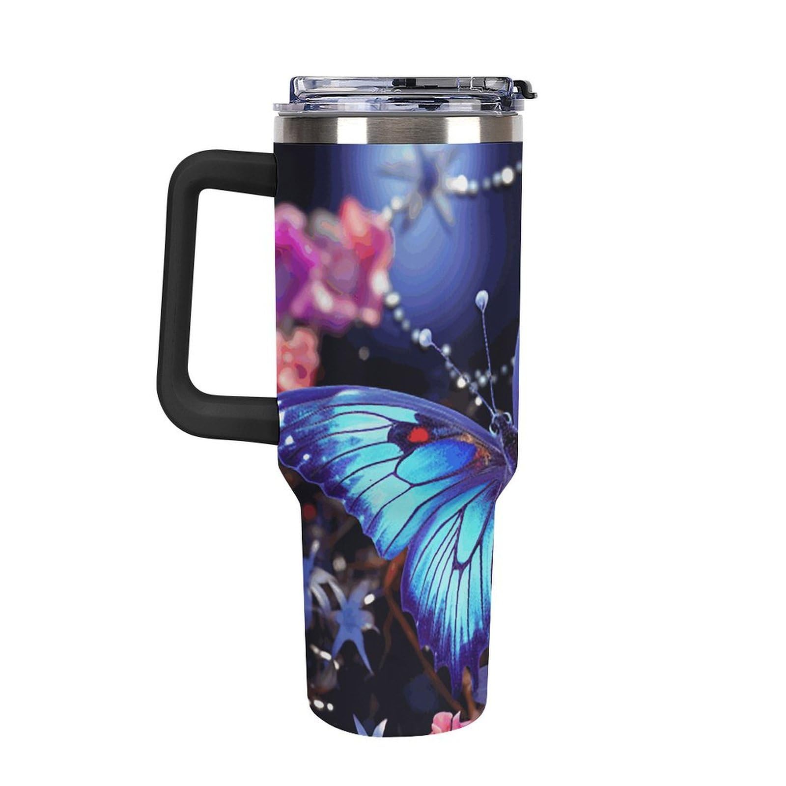 Edelstahl-Thermobecher mit Griff, 1,2 l, Motiv: Beauty Butterfly, Edelstahl, hitzebeständig, auslaufsicher, geeignet für Auto-Becherhalter