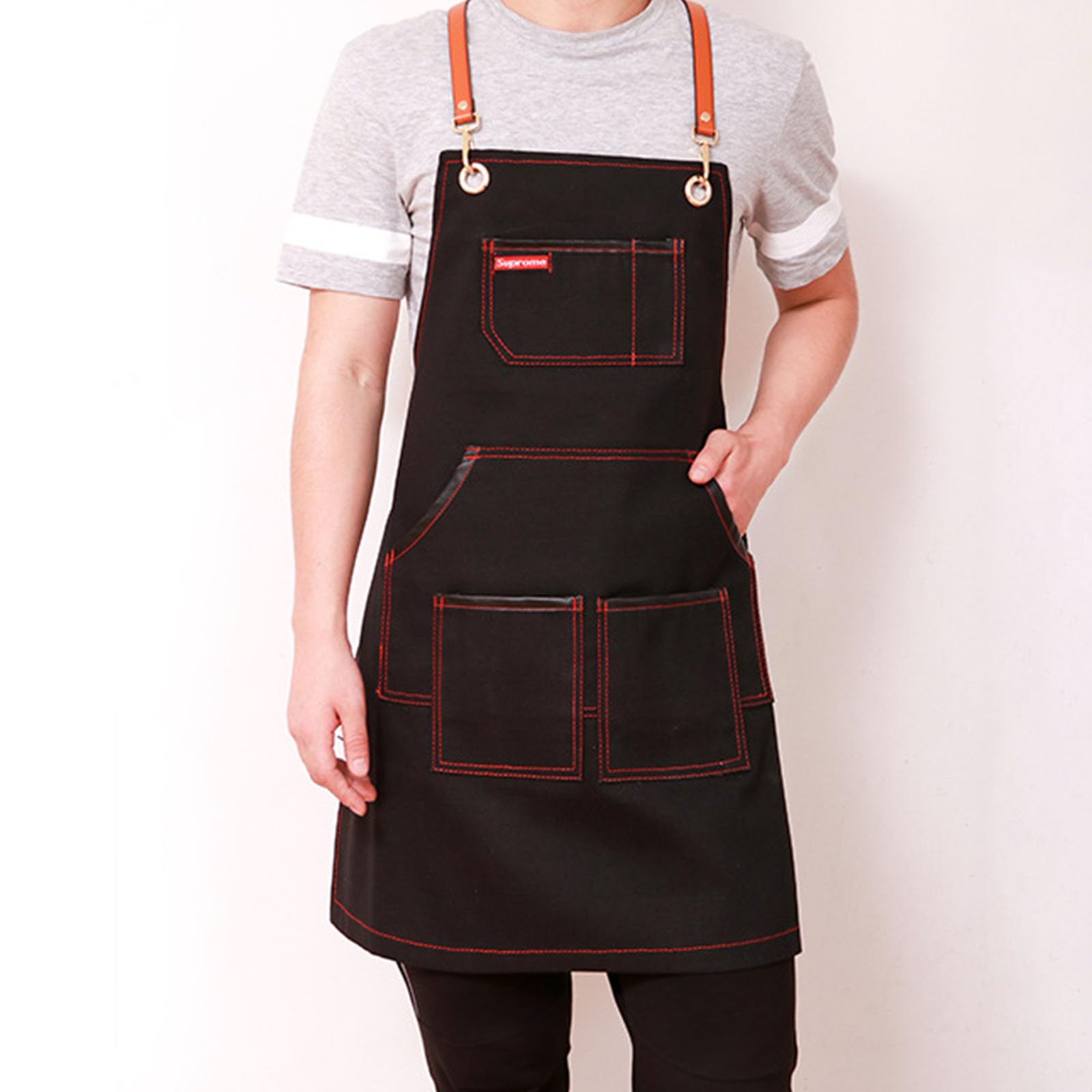 Delantal De Trabajo De Lona Múltiples Bolsillos Ajustable Espalda Cruzada Delantales para Barbacoa para Hombre Y Mujer Ideal para Cafetería Barbería Floristería Black,One Size