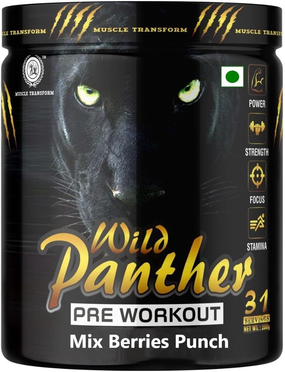 MUSCLE TRANSFORM Wild Panther Core Pre Workout Powder with Creatine for Performance, Beta Alanine for Muscle, L-Citrulline for Pump & Next Generation Preworkout Formulation Caffeinated for Sustained Energy - For Men & Women [31 Servings - Mix Berries Punch]