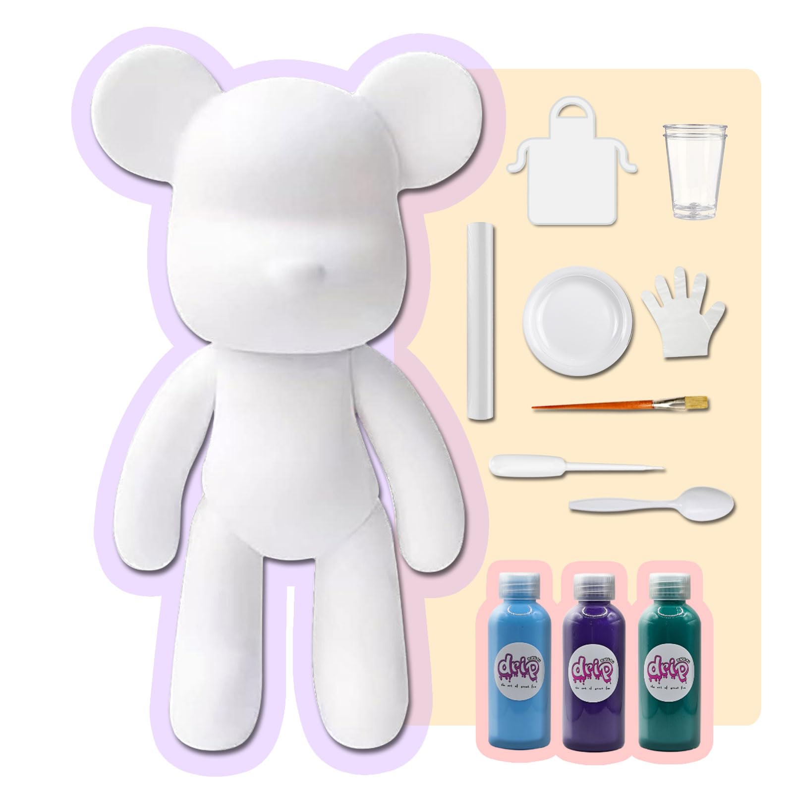 HeyteaACRYLIC FLUID POURING PAINT BEAR FIGURINE (7 inch - 18 cm) DIY SET Colors Light-Blue, Dark-Purple, Blue-Green. Arts and Crafts, Customize Handmade Creative Birthday Gift