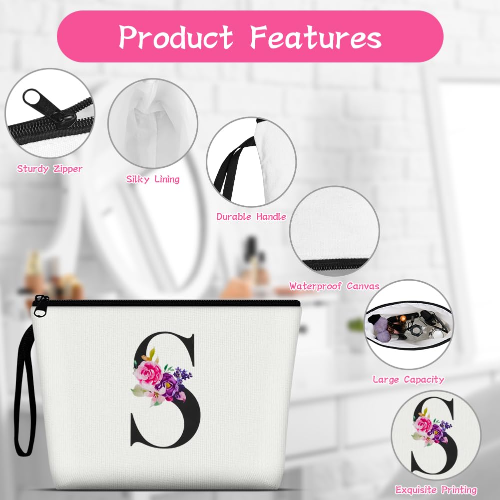 Aucuu Neceser Maquillaje Mujer, Neceser Mujer Personalizado, Bolsa de Cosméticos de Lona de Letras Impresas, Neceser de Viaje Portátil para Viajes, Almacenamiento (Letra S)