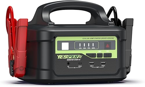 YESPER Arrancador de 12 V24 V con carga rápida de 145 W, 6000 A 218 Wh, caja de arranque portátil de batería súper segura (hasta todo el