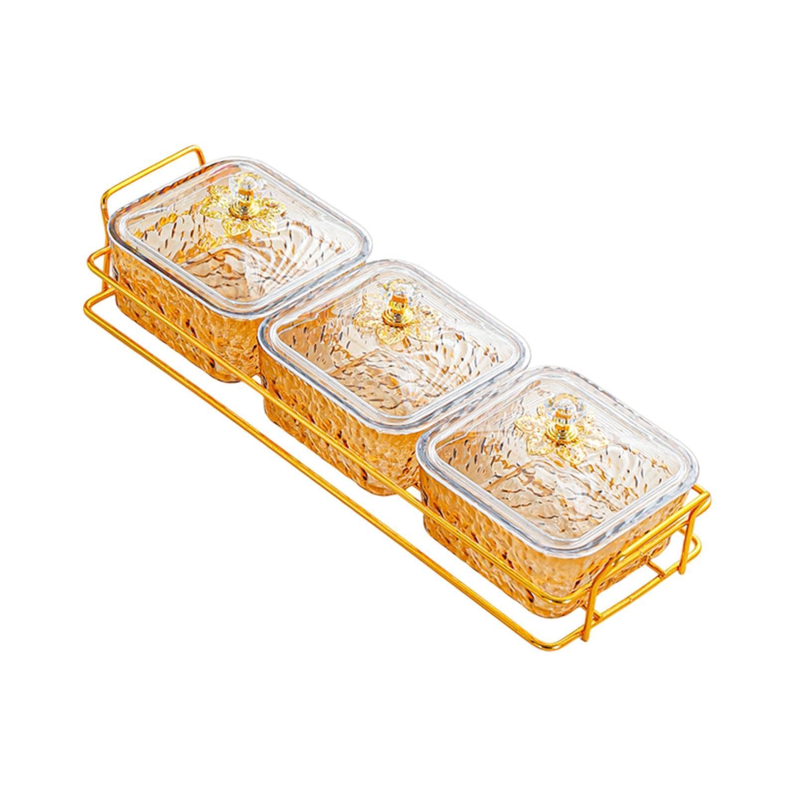 AMSLSIU Divided Serving Container Candy Dish Snacks Fresh Dried Fruits Keeping Everything Organized On Table With Tray Candy Nut Serving Container Appetizer, Gold, 3 Grid