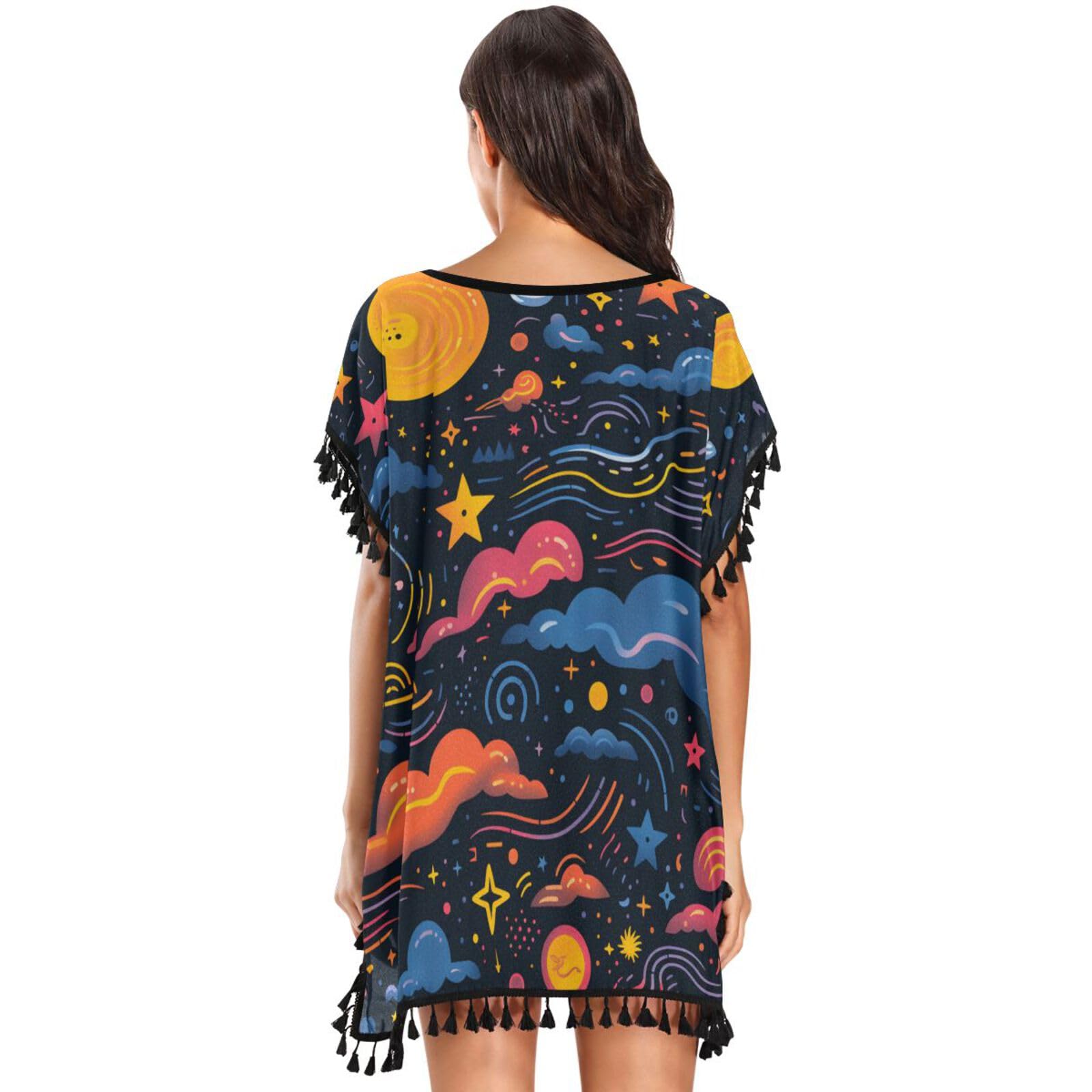 KAAVIYO Cartoon Stars Blue Galaxy Women's Beach Cover Up Chiffon Tassel Swimwear Swimsuit Coverups for Girl