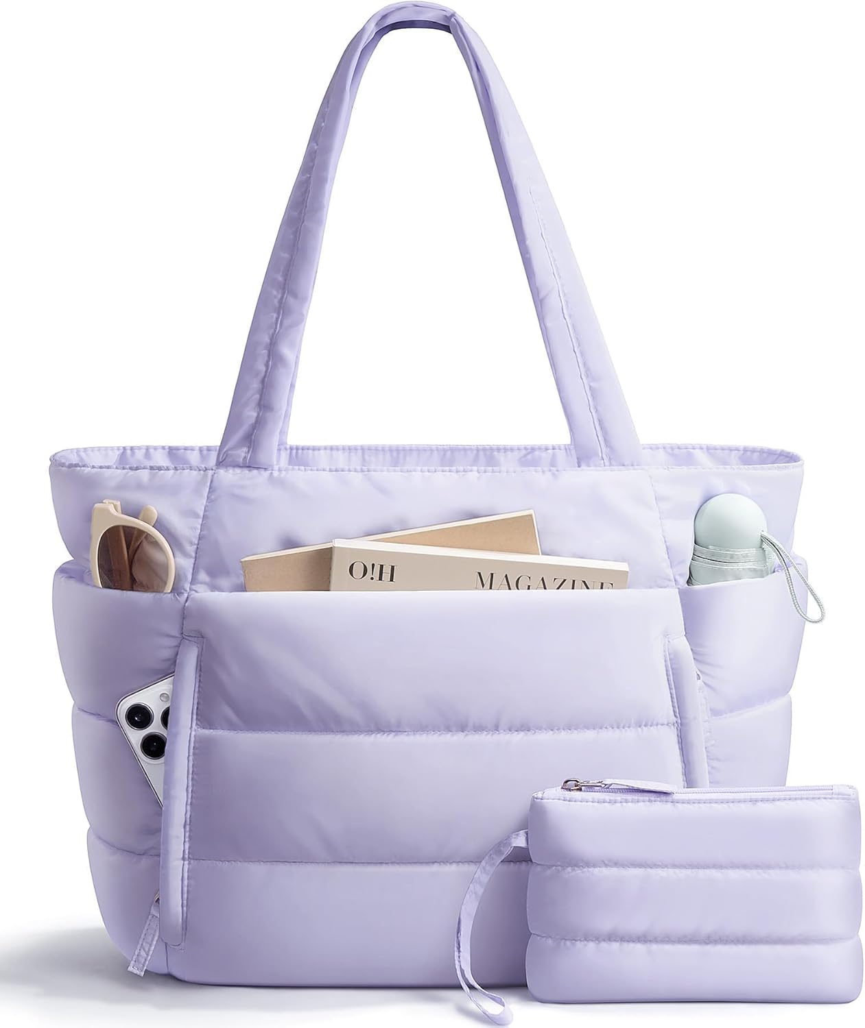 Puffer Tote Bag for Women, Lightweight Puffy Work Handbag Teacher Nurse Quilted Shoulder Bag for School Travel Gym