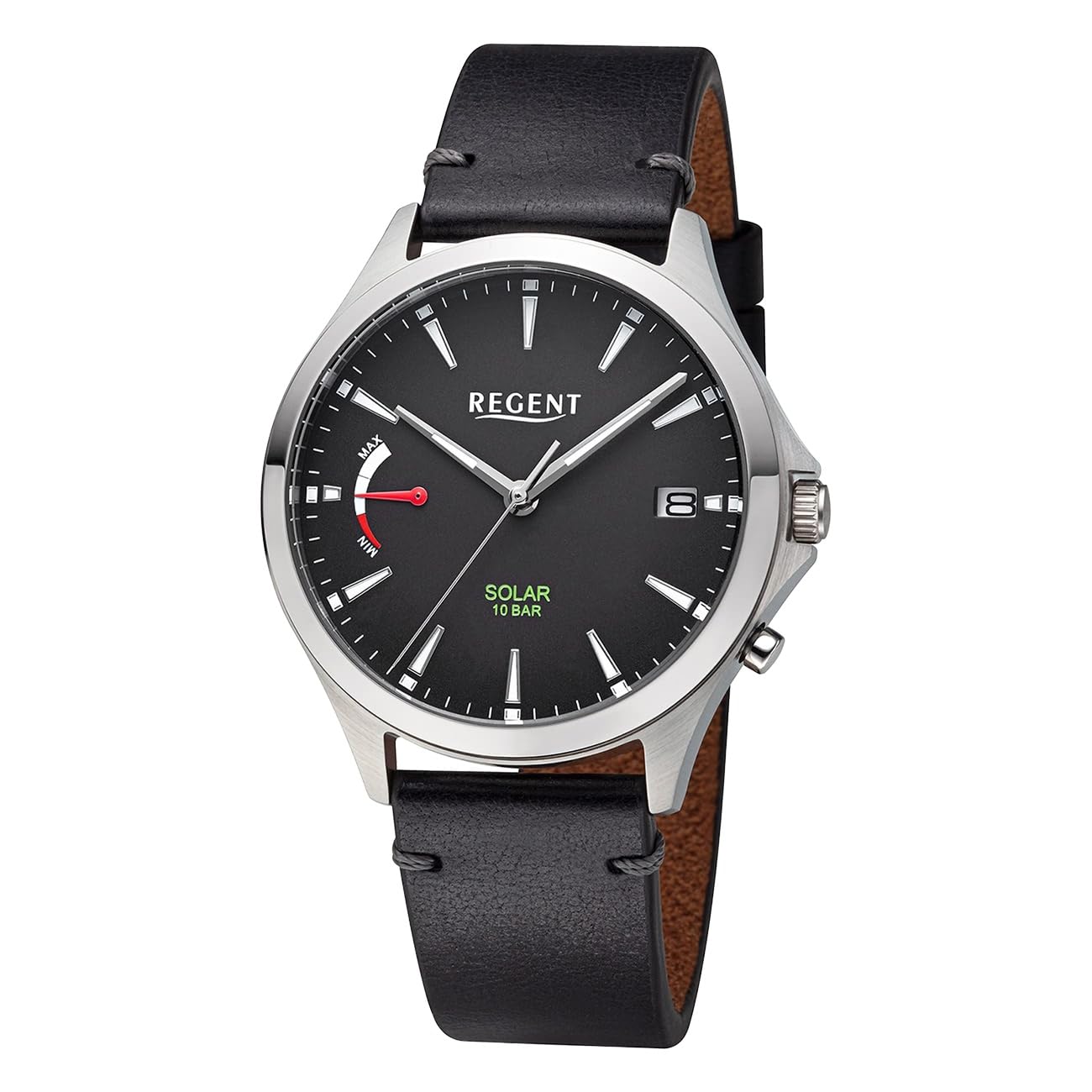 REGENT Herrenuhr Solaruhr mit Lederarmband 41 mm Quarz Analog Schwarz F-1550
