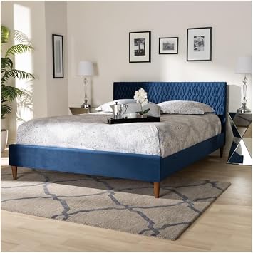 HomeStock Royal Blue Velvet Upholstered Bed Frame with Plush Headboard Design
