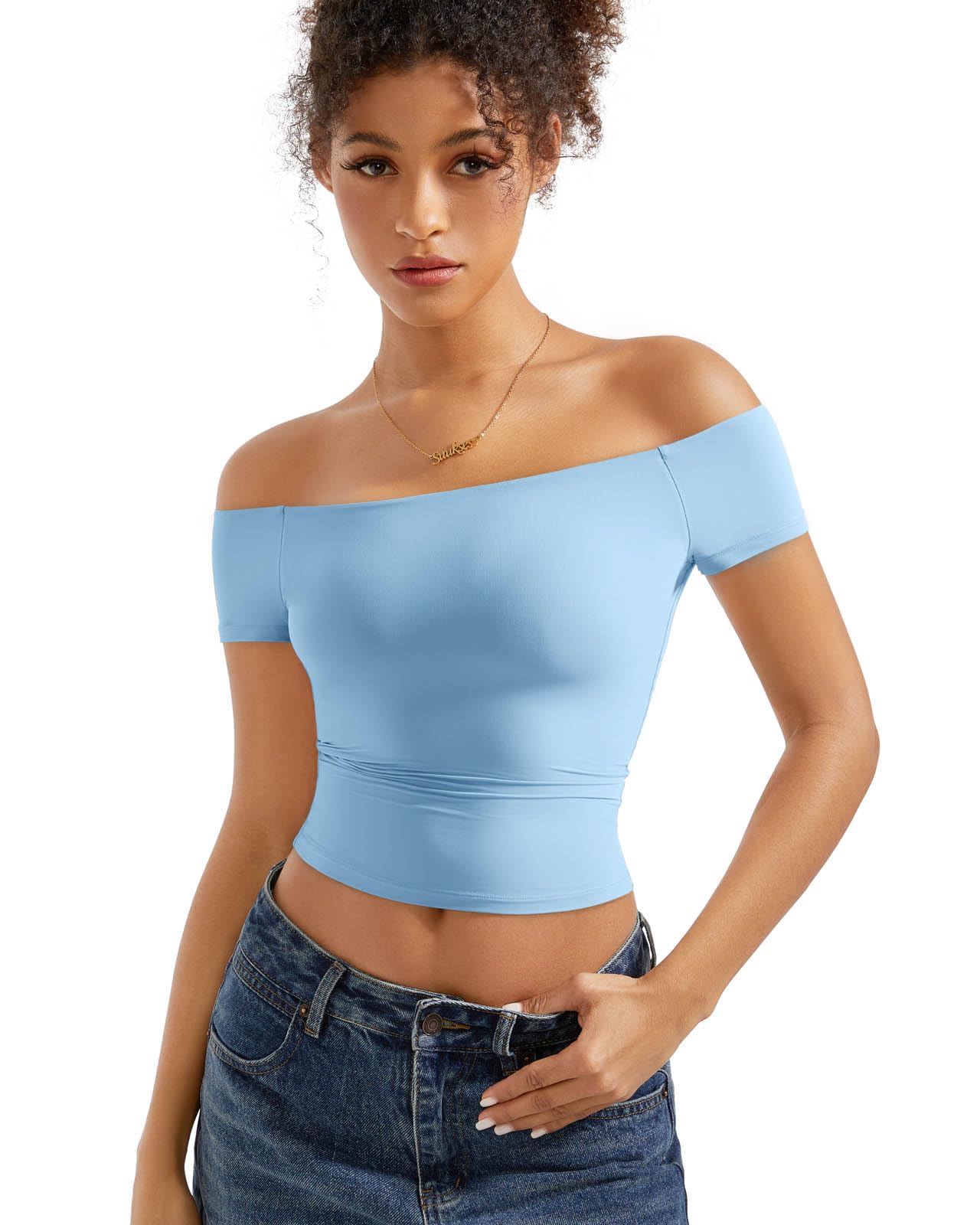 SUUKSESS Women Double Lined Off The Shoulder Tops Fitted Going Out Basic Shirts: Large Sky Blue