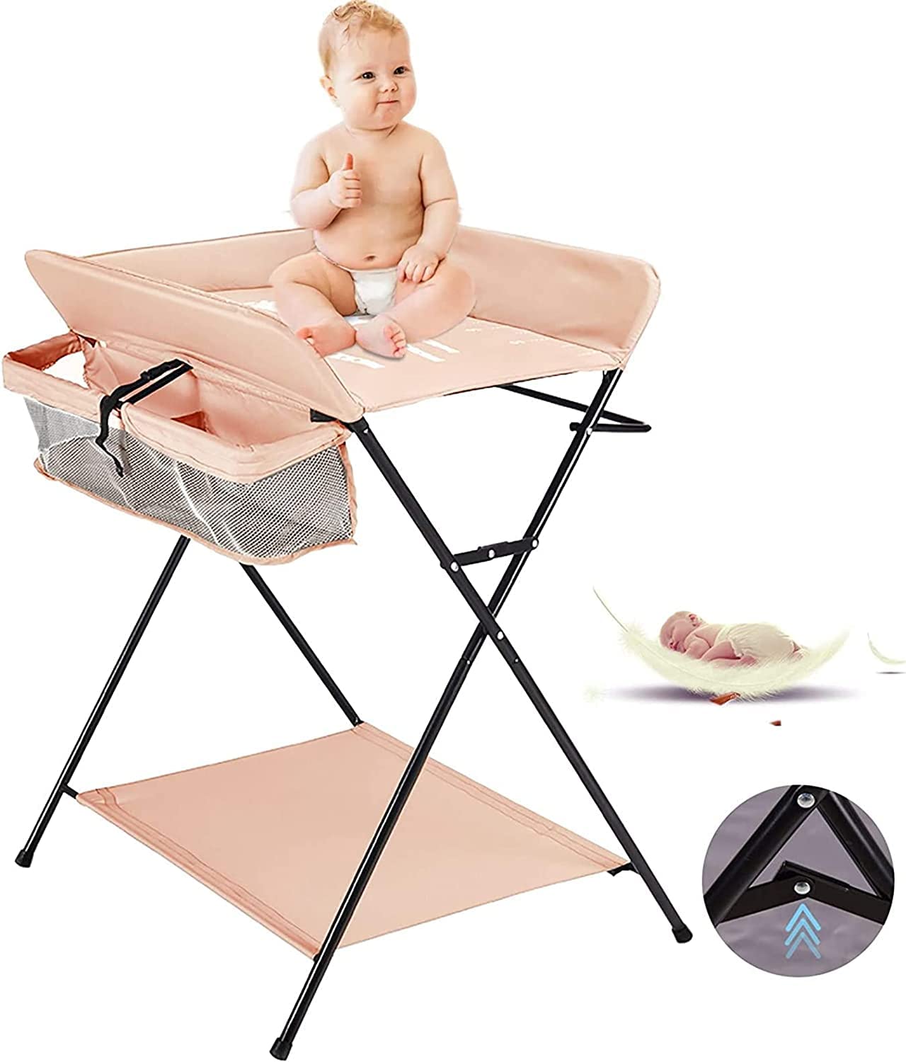 Fasciatoio Pieghevole per Neonato con Struttura Stabile,Fasciatoio per Bambini, Salva Spazio, per Cambio Pannolino,4 ruote con freno,con Scomparti Portaoggetti (80 * 66 * 98 cm rosa)