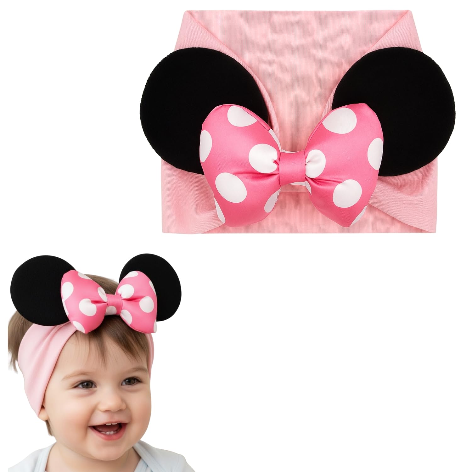 ANNA CREATIONS 1 Pc Baby Girls Cute Polka Dot Bow Headband with Soft Stretchy Band and Round Ears, Comfortable Hair Accessory for Newborns, Infants & Toddlers