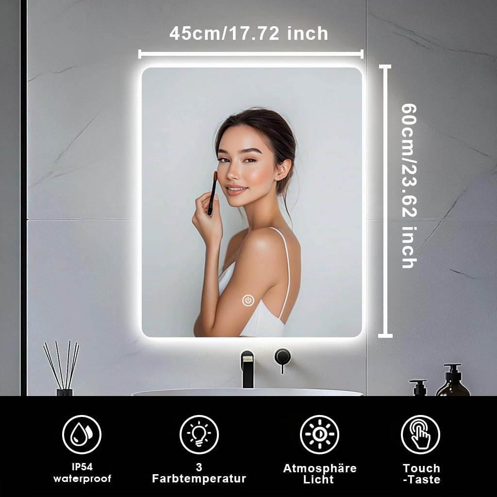 Specchio da bagno a LED per sopra il lavandino, 45 x 60 cm, specchio da bagno elettrico con luci retroilluminate per doccia e rasatura, montaggio a parete, dimmerabile, illuminazione a 3