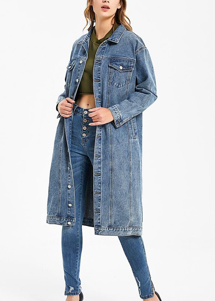 ORANDESIGNE Damen Denim Trenchcoat Jeansjacke ang Elegant Herbst Winter Jeansmantel Lang Knöpfe Revers Zerrissen Jeans Mantel Parka Jacke mit Tasten