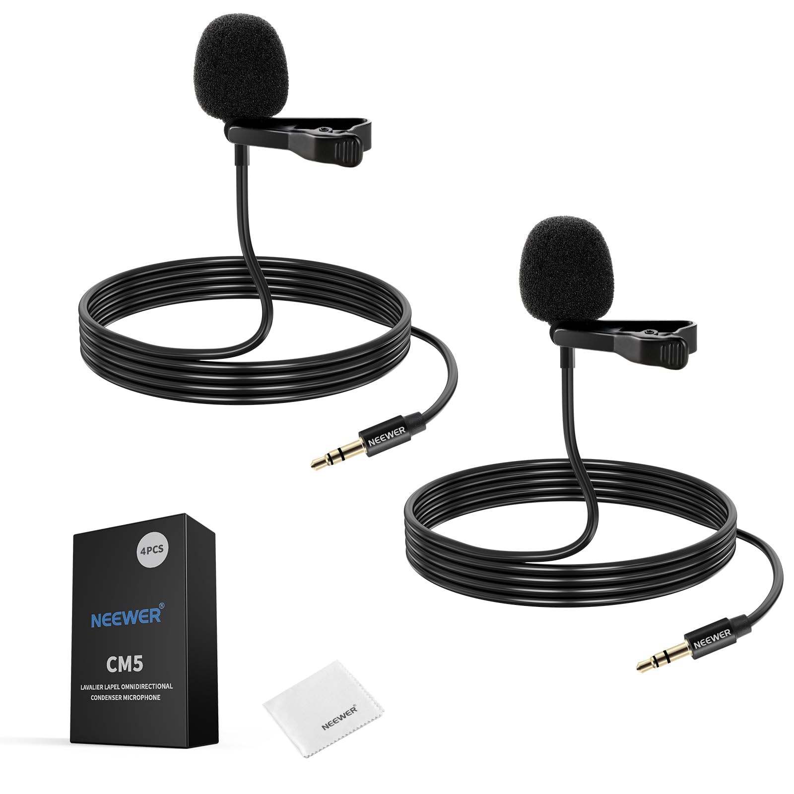 NEEWER CM5 Mic Lav (2pz), Mini Microfono Lavalier a Clip Omnidirezionale a Condensatore con Cavo 1,2m TRS 3,5mm Compatibile con Rode Wireless GO II 2 DJI Trasmettitore Fotocamera, 1 Panno di Pulizia