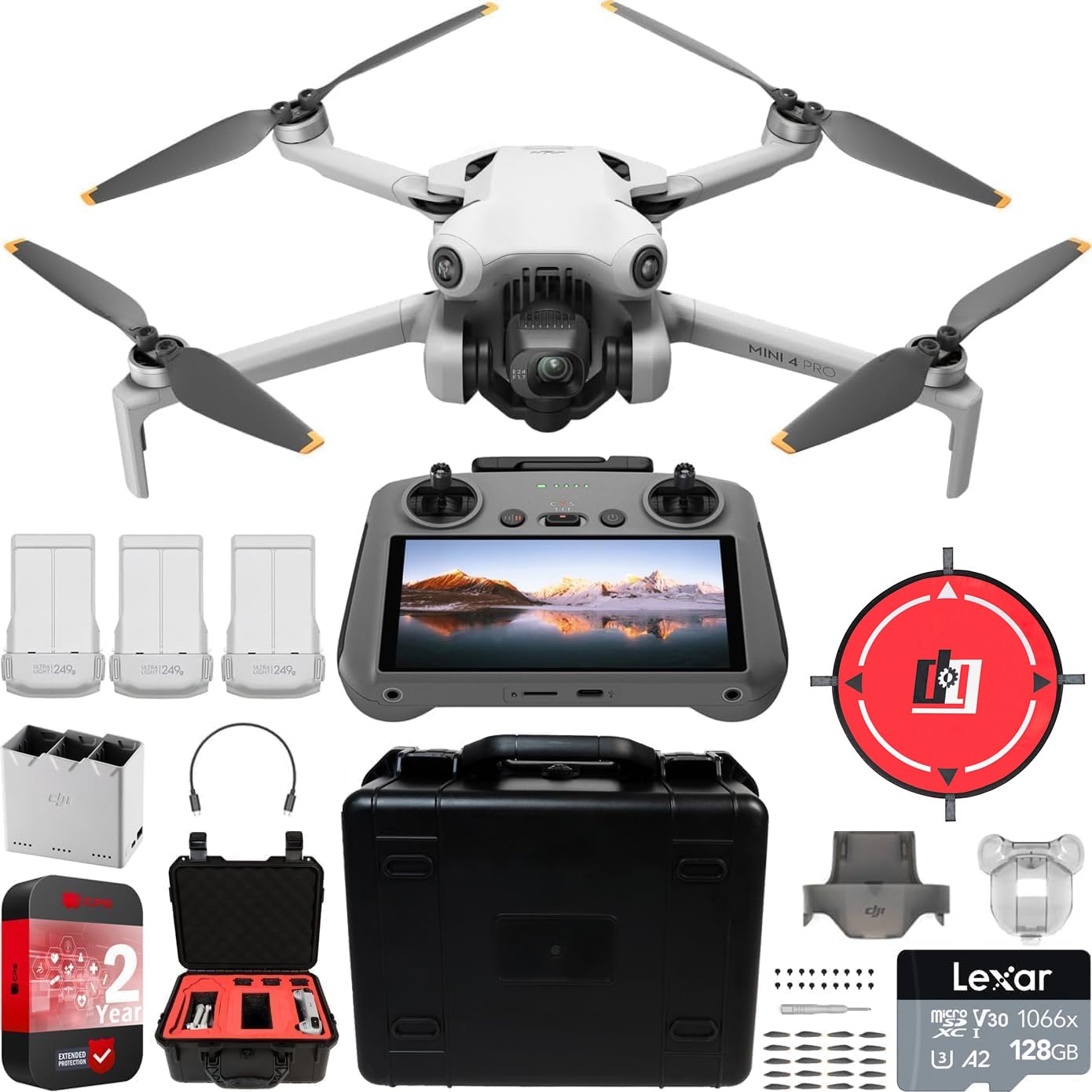 DJI Mini 4 Pro Folding Drone with RC 2 Remote (With Screen) Fly More Combo, 4K HDR Video Camera, Under 249g, 3 Batteries Bundle with Deco Gear Custom Hard Case & Accessories