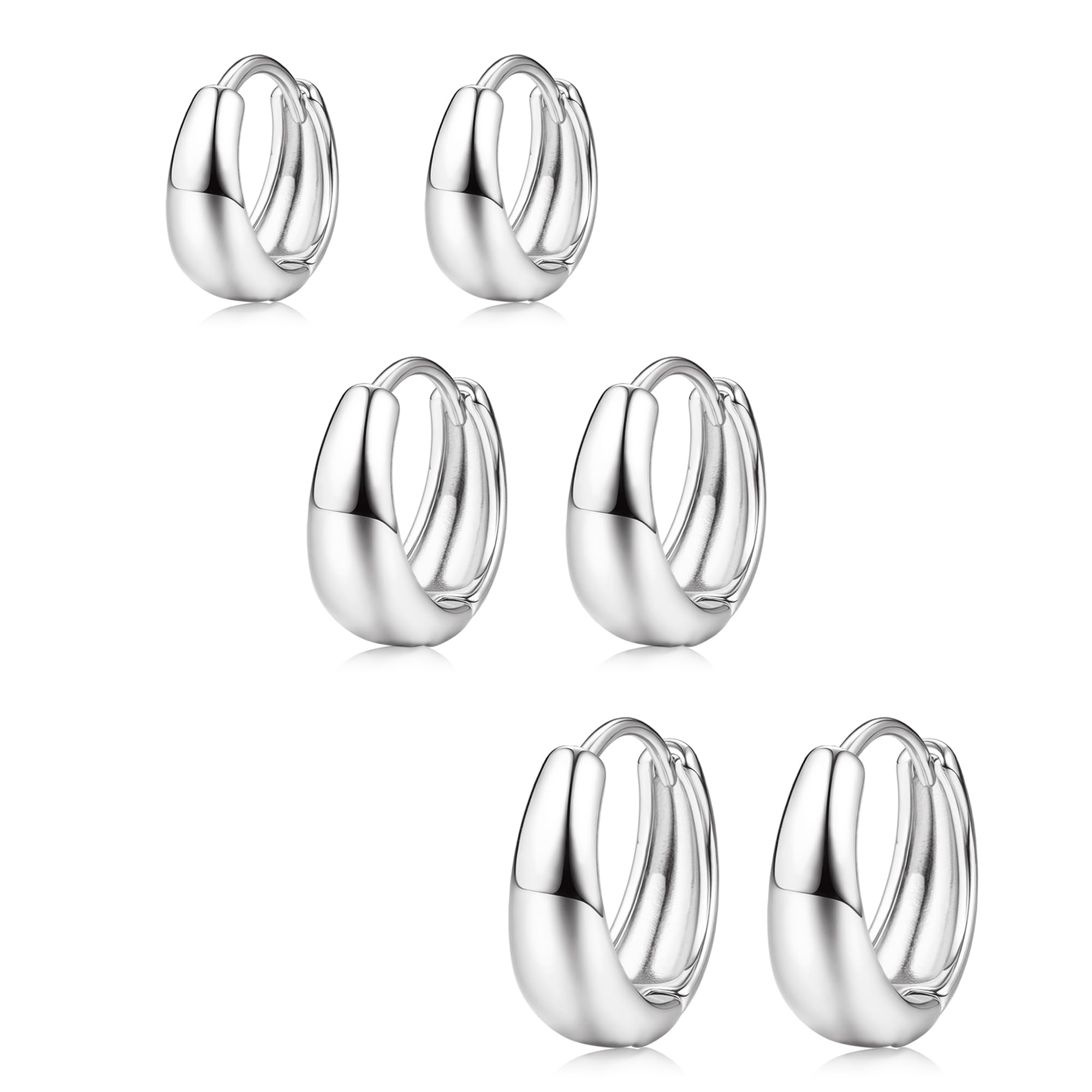 3Pairs Silver Plated Hoop Earrings Set for Women Chunky Earring Hypoallergenic Small Huggie Hoops Lightweight Tiny Thick Trendy Hoop Earrings Stacks for Multiple Piercing