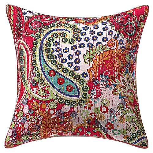 ManionaCrafts Indian Paisley Kantha Work Cotton Cushion Cover Bohemian Handmade Throw Pillow