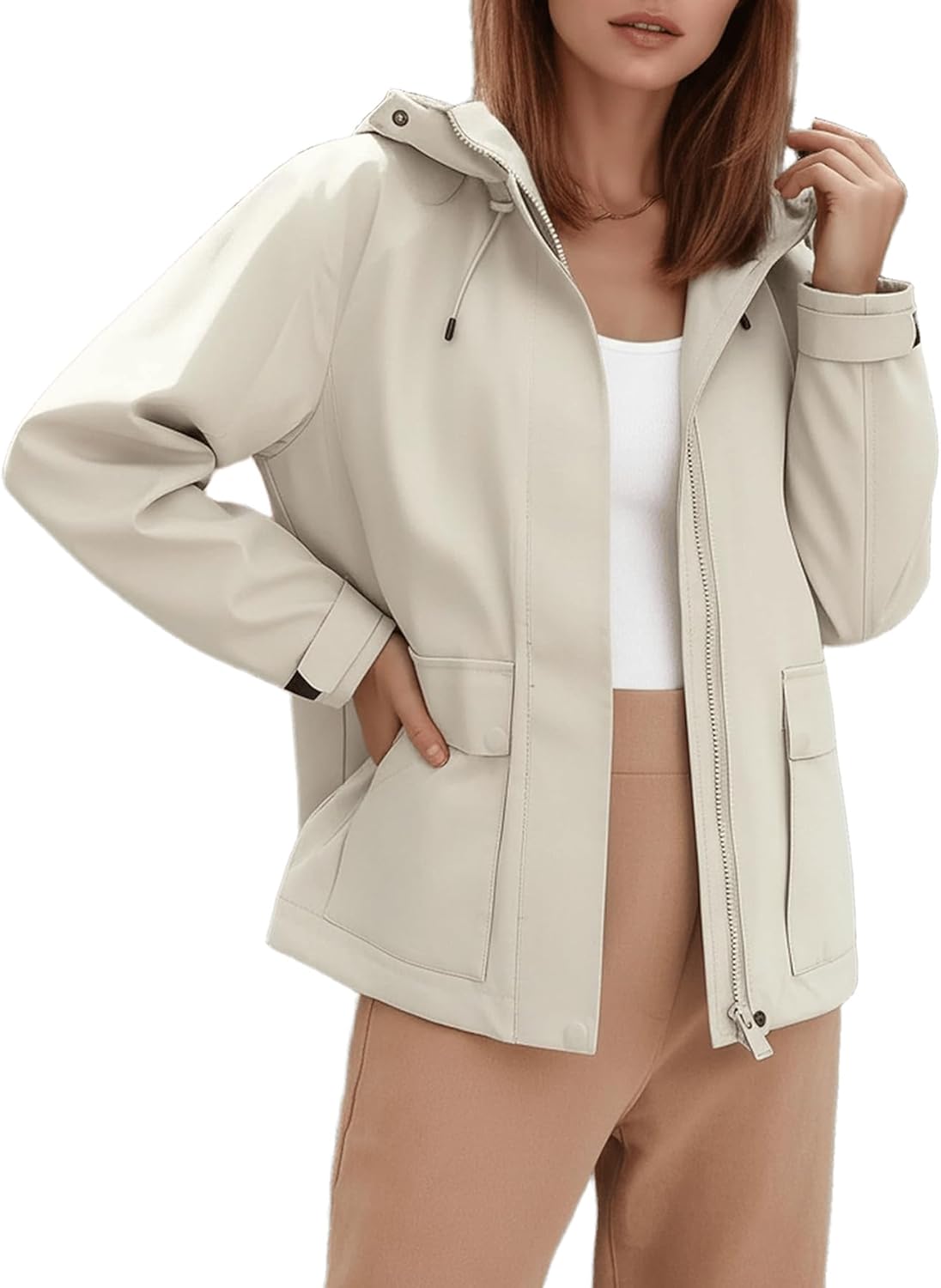 Women's Casual Jacket - Hooded Relaxed Fit Drawstring Waist Lightweight Windproof Outerwear for Daily Wear