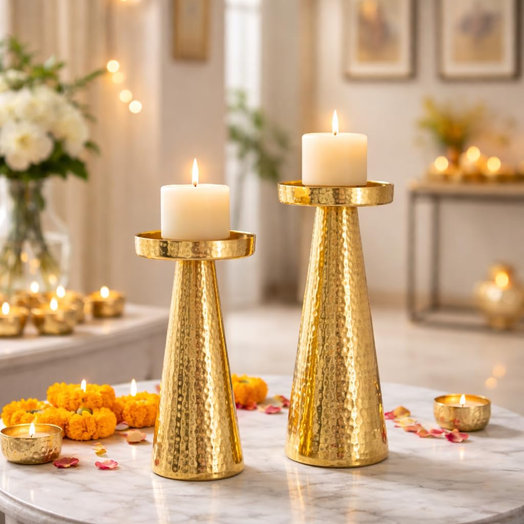 CentraLit Candle Stand for Home Decor | Modern Hammered Candle Holder Stand with Brass Gold Finish | Diwali Home Decor Candle Stand for Living Room, Altar & Christmas Decoration-image-21