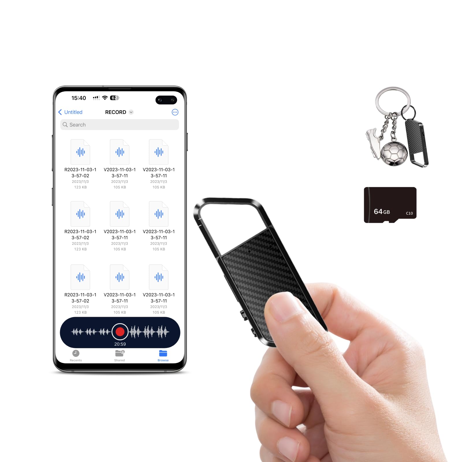 NekSide Diktiergerät mit Spracherkennung –Aufnahmegerät, Mobile Rekorder mit DSP5.0 OTG-fähig, Lange Zeit Aufnahmen Voice Recorder, diktiergerät mini für Meeting/Interview/Vorlesungen -64G