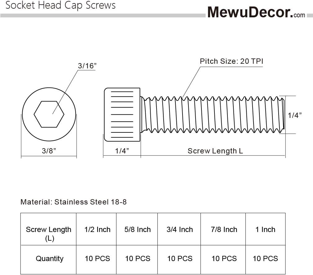 1/4-20 x 1/2", 5/8", 3/4", 7/8", 1" Socket Head Cap Screws, Stainless Steel 18-8 (304), Bright Finish, Fully Threaded, Allen Hex Drive, 50 PCS