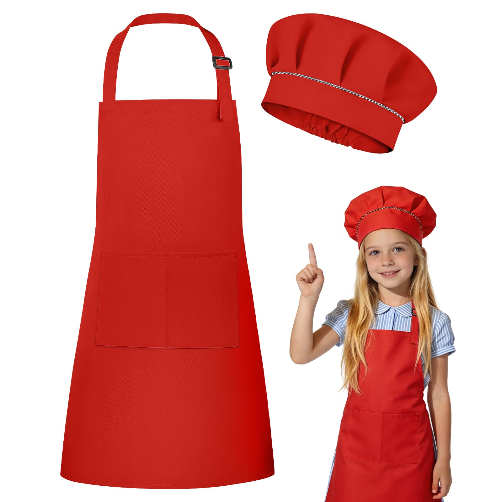 DiULi Kids Apron and Chef Hat Set, Adjustable Neck Strap & Double Pocket, Red Cooking Aprons for Children Cooking Baking and Art Activities, Sizes S