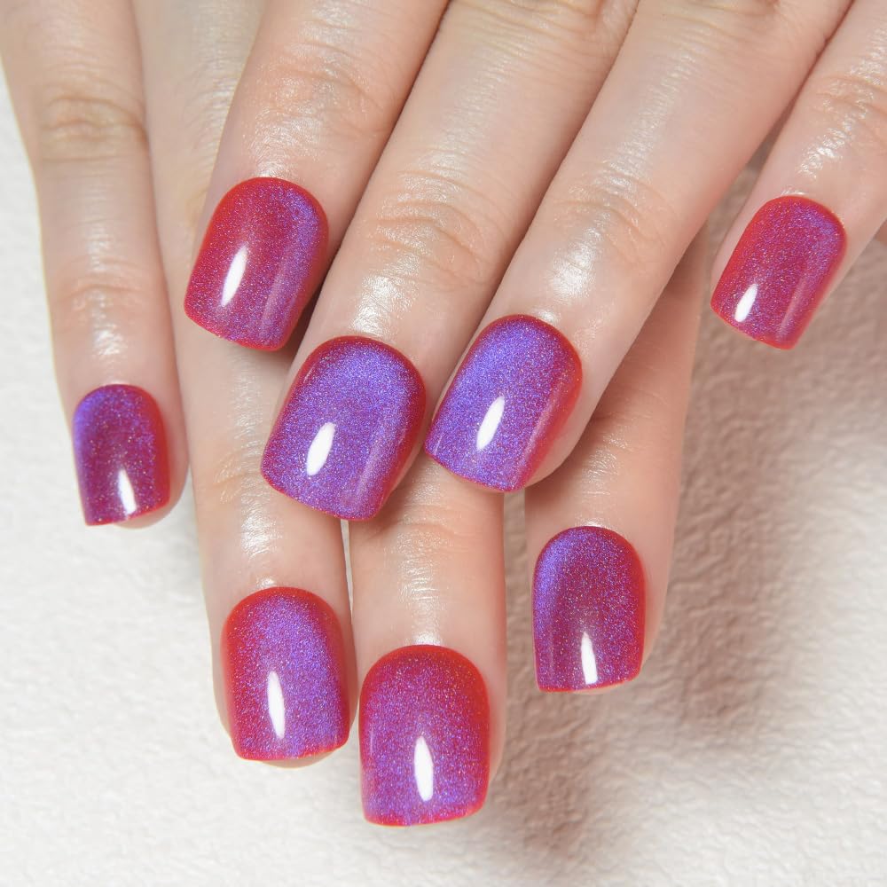 Blue Red Cat Eye Extra Short Press on Nails Square, Petite Short Square Stick on Nails for Women Gift, Purple Red Metallic Glitter Glossy Reusable