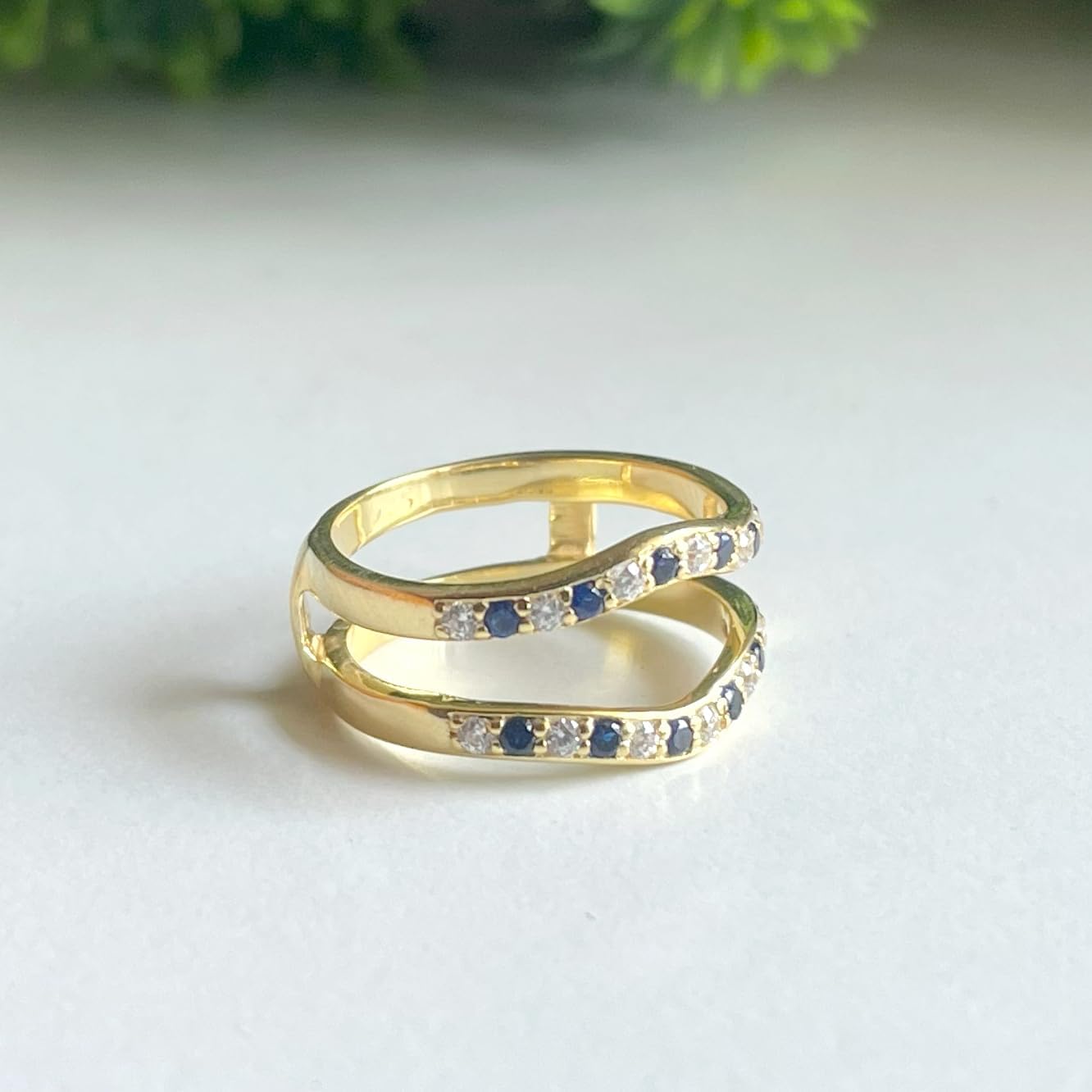 Blue Sapphire & White Diamond V Shaped Contour Matching Enhancer Guard For Women, 14K Gold Finish Blue Sapphire Chevron Wrap Ring