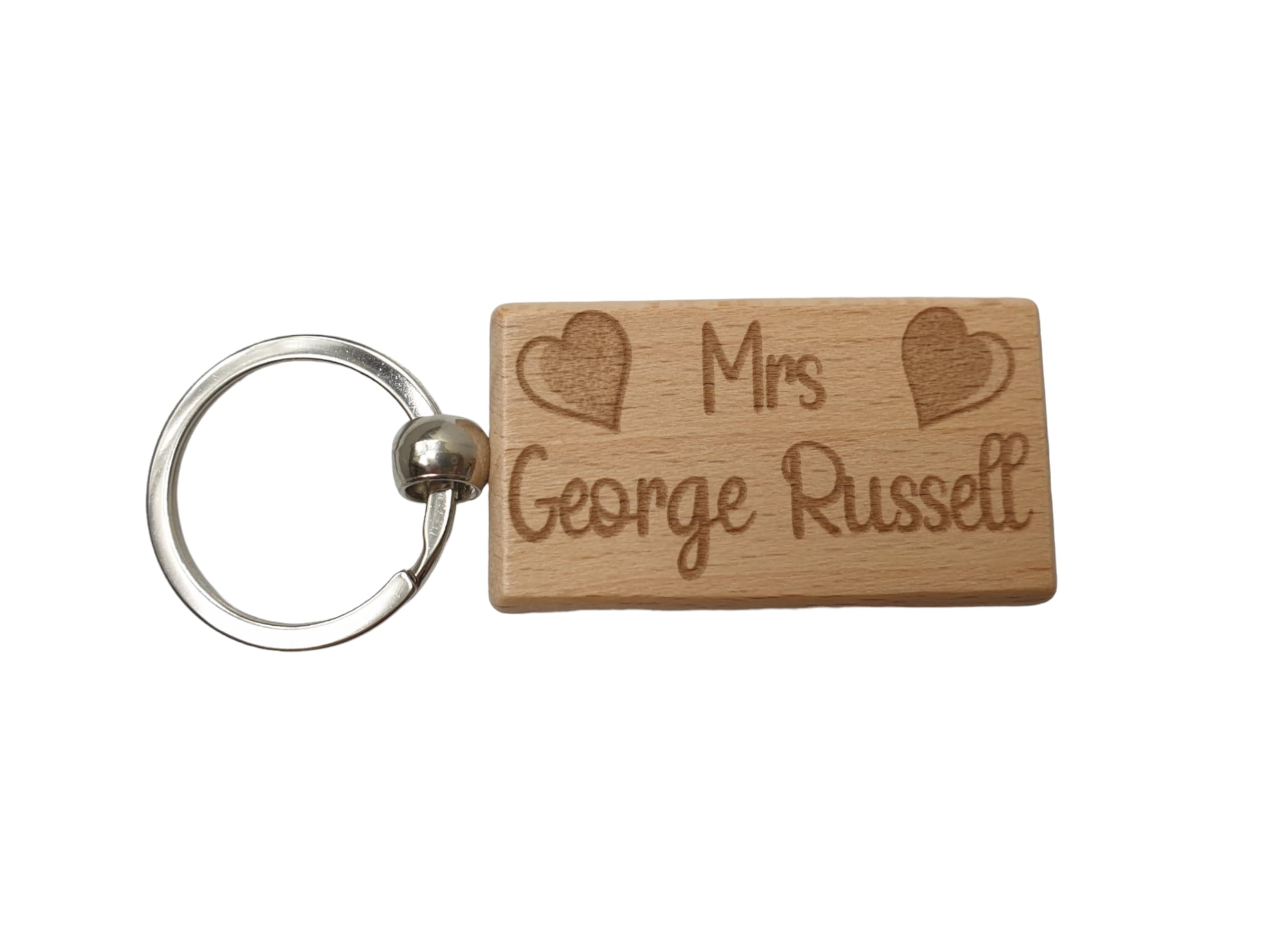 Decalarama Brown Mrs George Russell Keyring Gift - Engraved Wooden Formula One F1 Team Driver Fan Fun Cute Novelty Present
