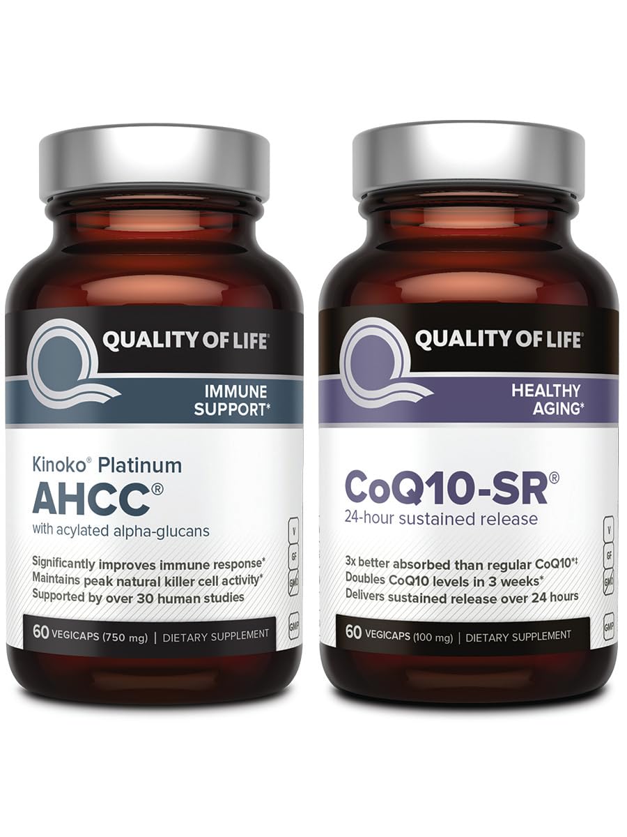 AHCC Kinoko Platinum Mushroom Extract, CoQ-10 SR Sustained Release Formula - Immune Support Healthy Aging Bundle