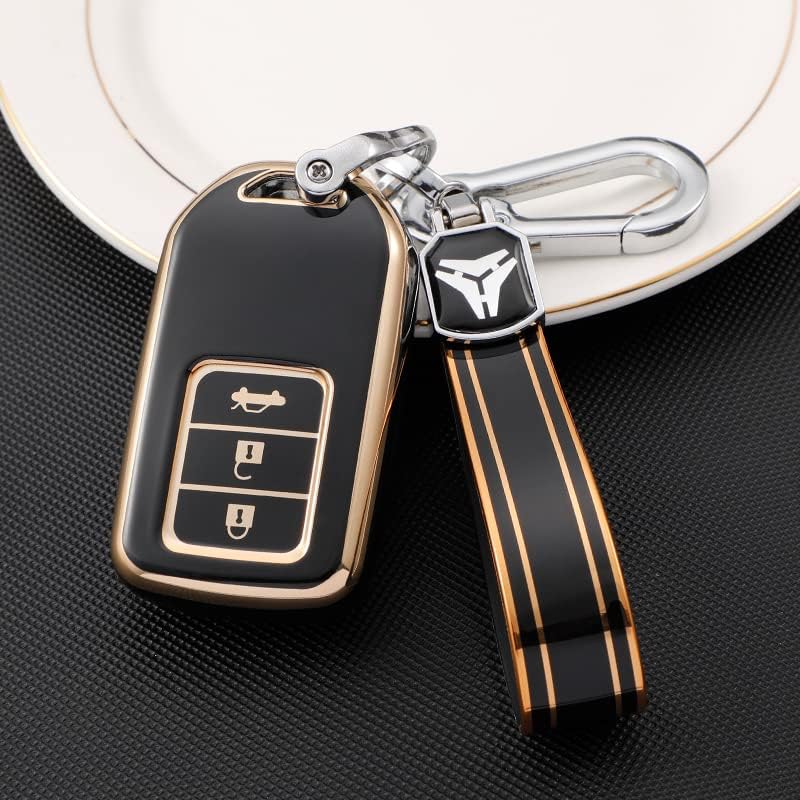 Image of KMH TPU Gold Car Smart Key Cover Compatible for Honda City, Civic, Jazz, Amaze, CR-V, WR-V, BR-V 3 Push Button Smart Key Shell Case Holder, Key Protector with Keychain (Black Gold) Pack of 2