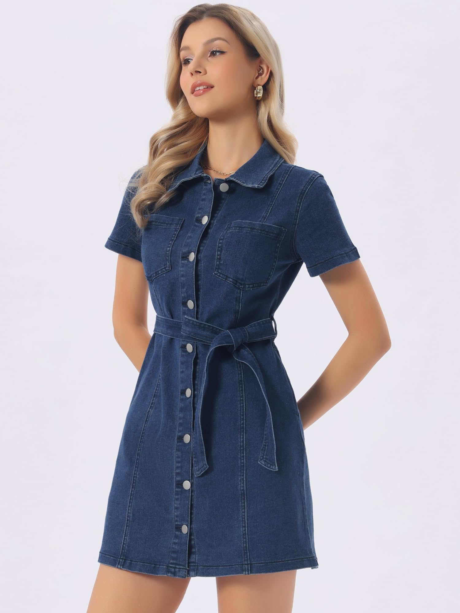 Allegra K Robe en Jean pour Femme, boutonnée, Manches Courtes, Ceinture, Style décontracté.