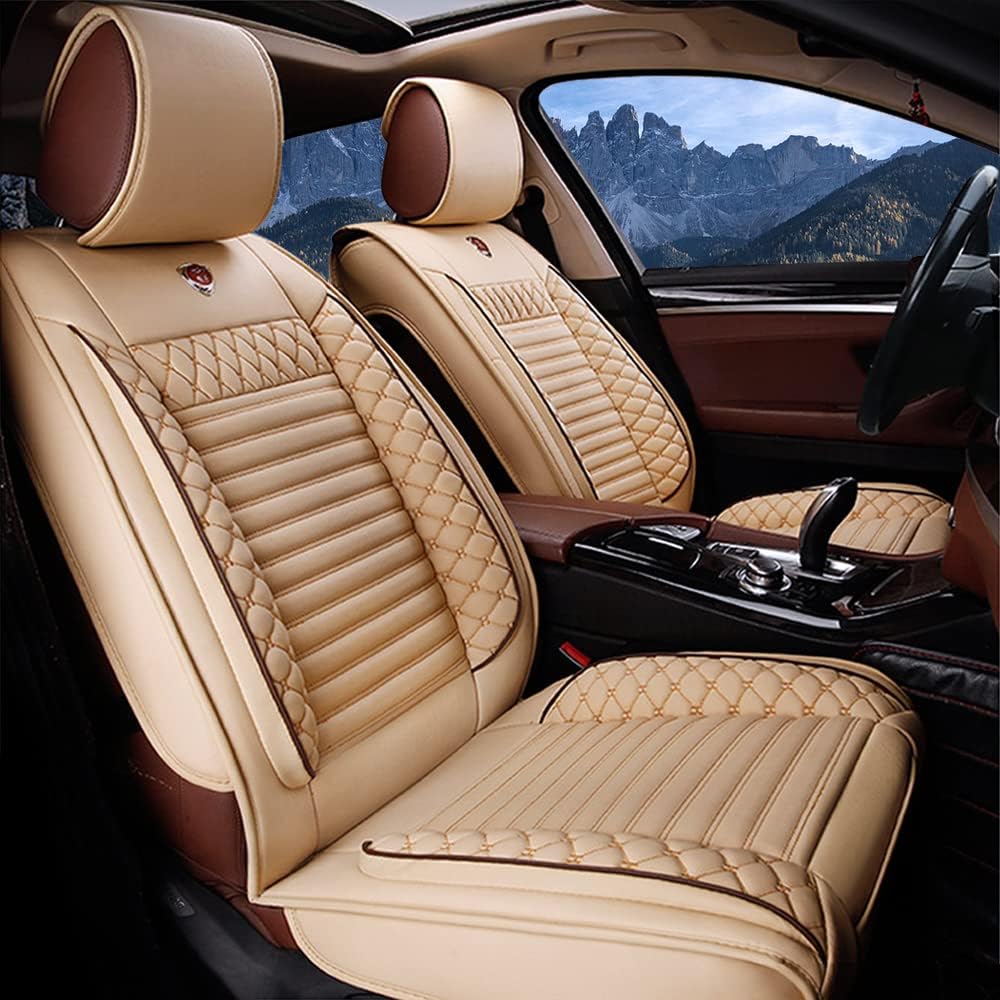Universal Car Seat Covers for Cadillac XLR, Luxury PU Leather Front 2 Seat Covers Protector, Breathable Waterproof Anti-Slip Car Seat Cushion Beige