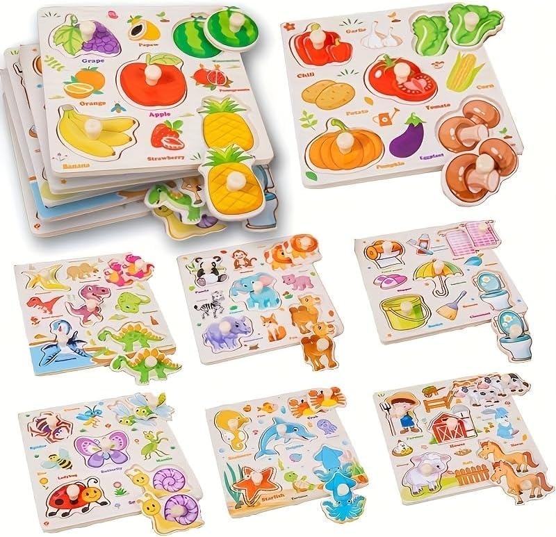 Wooden Peg Puzzles for Toddlers 1 2 3 Years Old - 8 Pcs Baby Learning Toys with Animals, Dinosaur, Fruits, Vegetables - Educational Preschool Gifts for Boys & Girls