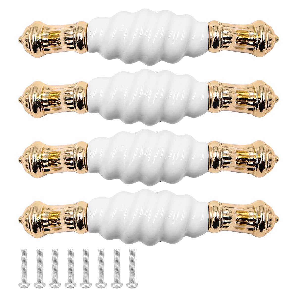 ZONADAH Set of 4 Cabinet Handles, Hole Distance 96mm, Total 115mm, White Ceramics & Gold Plated Cabinet Pull Handles