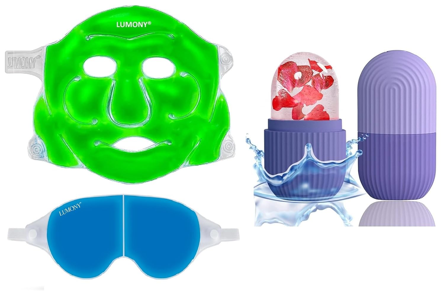LUMONY® 3pcs Combo Ice Roller for face Silicone Facial Cube & Cooling face mask & Cooling Gel Eye Mask for Suitable for All Family Members (Gel Mask + Ice Roller + Face Mask)