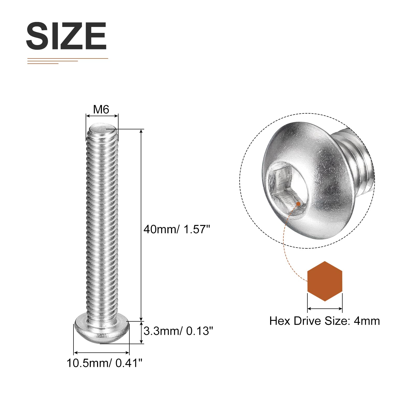 DTGN M6-1x40mm Button Head Socket Cap Screws - 10Pack - Good for Machine - 304 Stainless Steel 18/8 - Hex Drive Full Thread Fasteners - Image 2