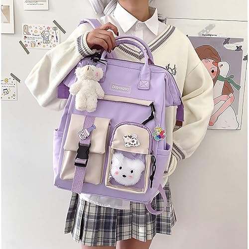 Miniatura 2 de Mochila Kawaii de gran capacidad con pin Kawaii y accesorios, bonita mochila estética para adolescentes y niñas, mochilas para la escuela, Púrpura,