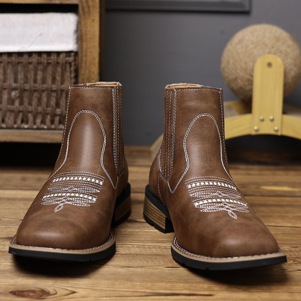 Kowbojskie buty męskie zachodnie skóra PU Chelsea wsuwane okrągłe noski haft retro klasyczny styl ranczo wygodne trwałe moda na co dzień praca