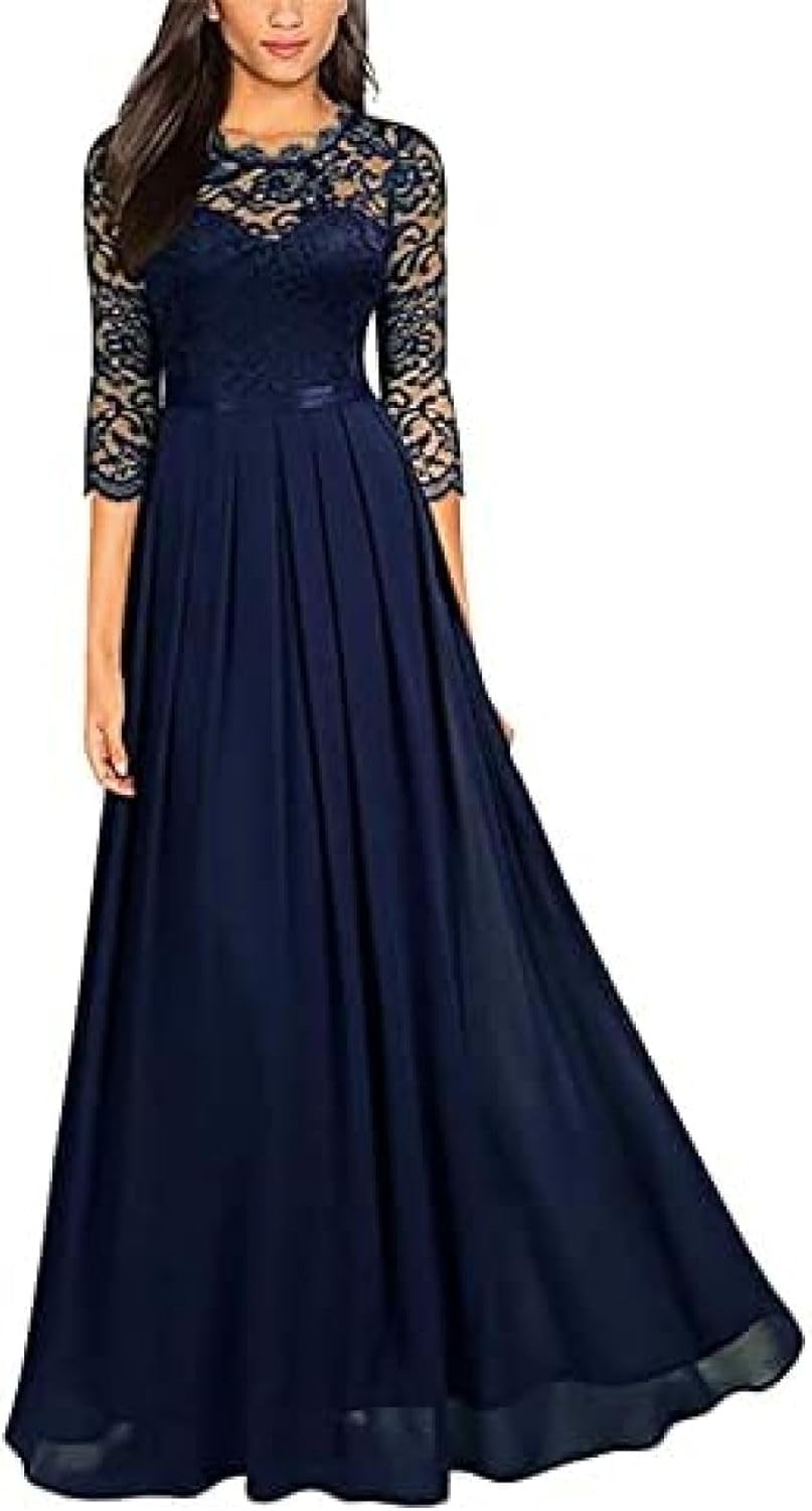 [NOMIMAS] パーティードレス ロング丈 レース切替 イブニングドレス タイト エレガント 結婚式ワンピース カクテル ロング