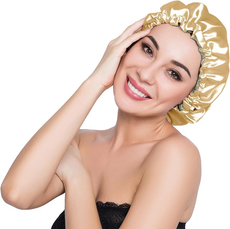 Stain Bonnet Silky Sleep Cap Adjustable Satin Cap for Night Sleeping Hair Bonnet Reversible Double Layer Gold/Lime