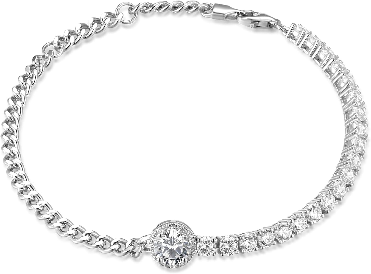 FANCIME Sterling Silver Curb Chain Tennis Bracelets for Women Halo Round Cubic Zirconia Bracelet Fine Jewelry Birthday Gifts for Women Her, Size: 7.87"