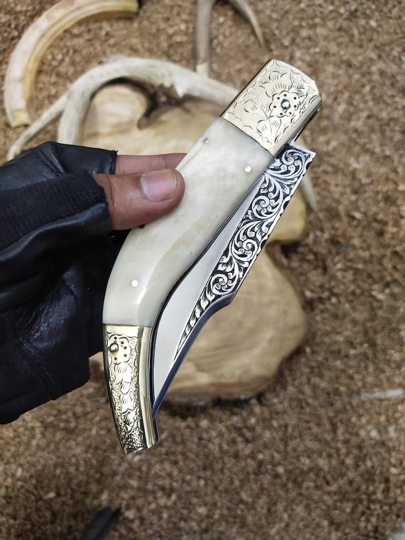 11" Handmade Pocket Knife with Brass Engraved Bolster, Folding Knife, Best gift knife, Gifts for Husband, Personalized gifts for him