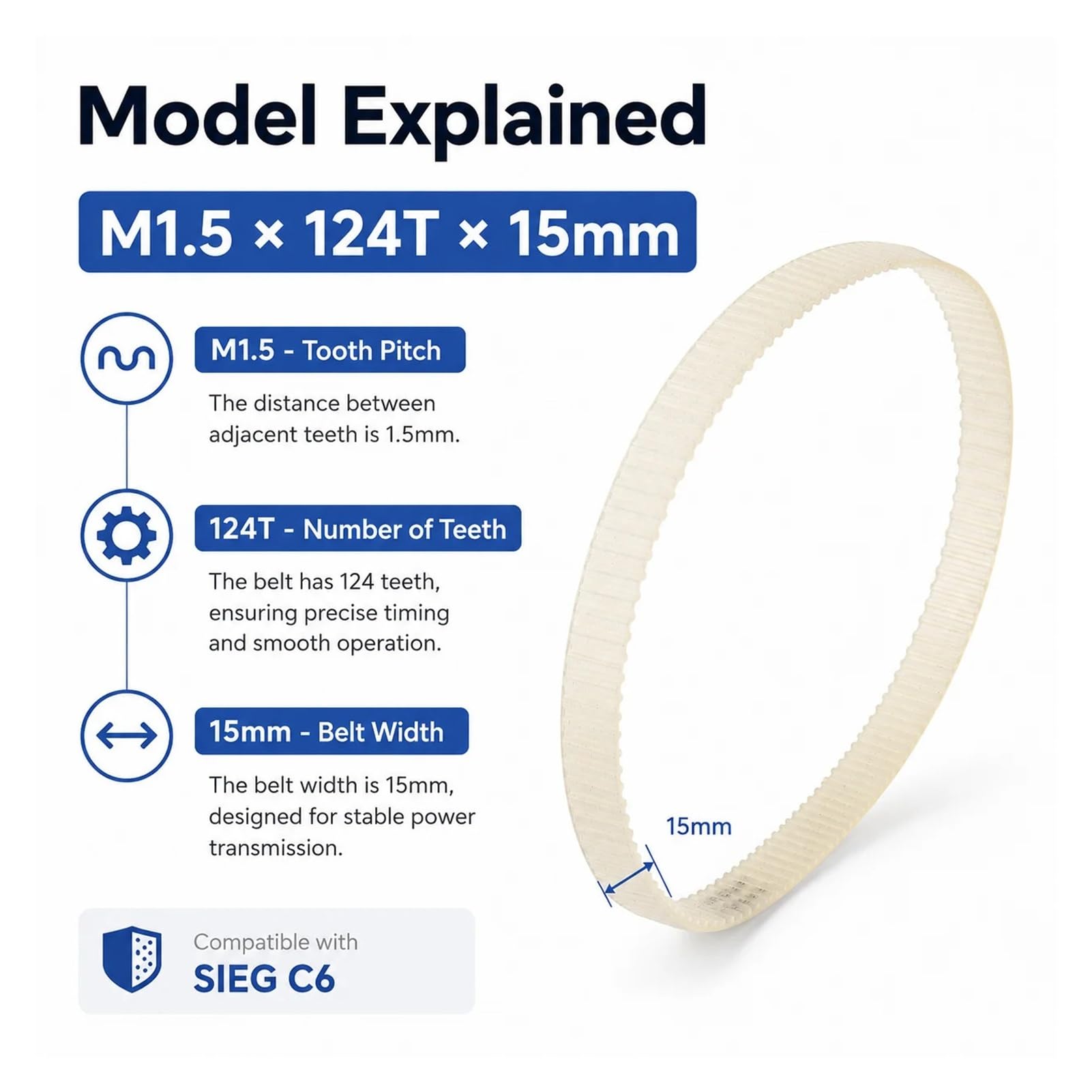 Lathe Timing Belt | 124T M1.5x124Tx15mm Silicone Toothed Synchronous Motor Transmission(5pcs)