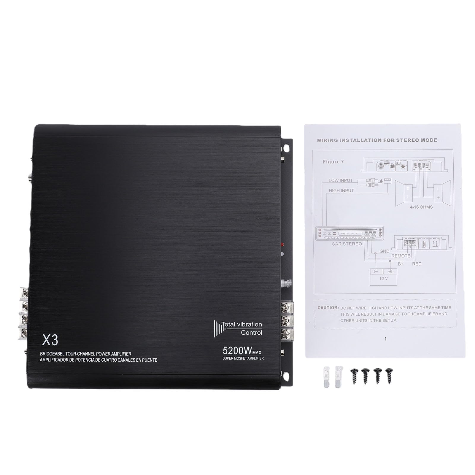 Akozon Amplificador Coche 2 Canales 5200W Potencia Máxima 2x200W RMS Protección Cortocircuitos Control Baja Frecuencia Conmutación Fase Puenteable para Subwoofer Barco UTV CMB0135