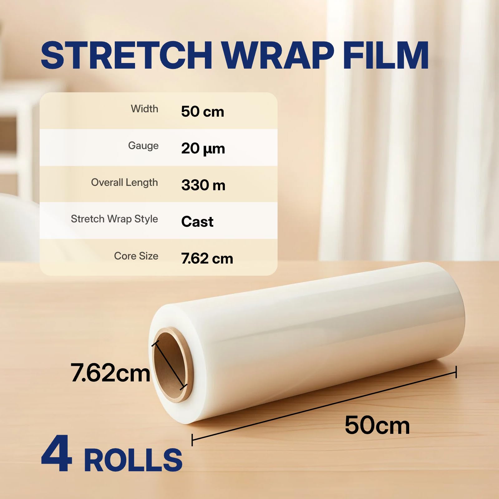 Stretchfolie Stretch Film; 330m Länge; 50cm Breite Dicke 20μm Strechfolienrolle Transparent Palettenfolie Handfolie Verpackungsmaterial Packfolien 4 Wickelfolie