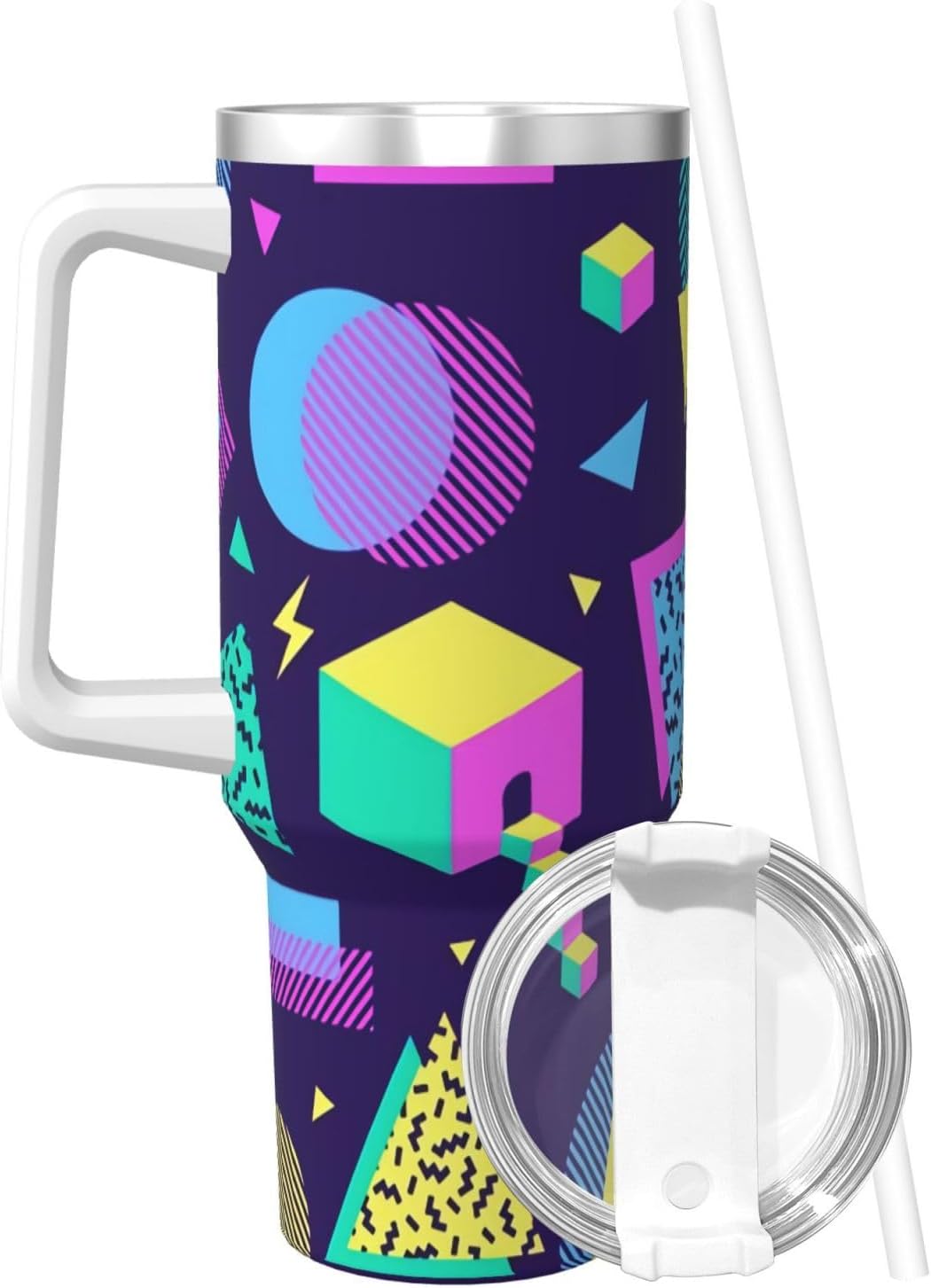 40 oz Vintage 80s Memphis Tumbler with Handle and Straw Lid, Cup Holder Insulated Stainless Steel Travel Mug